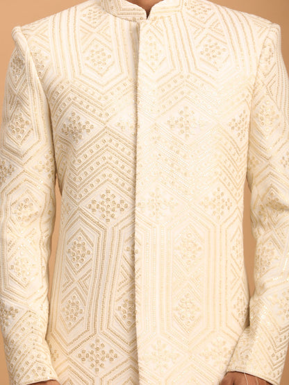 VASTRAMAY Men's Cream Golden Sequins Embroidered Sherwani Set