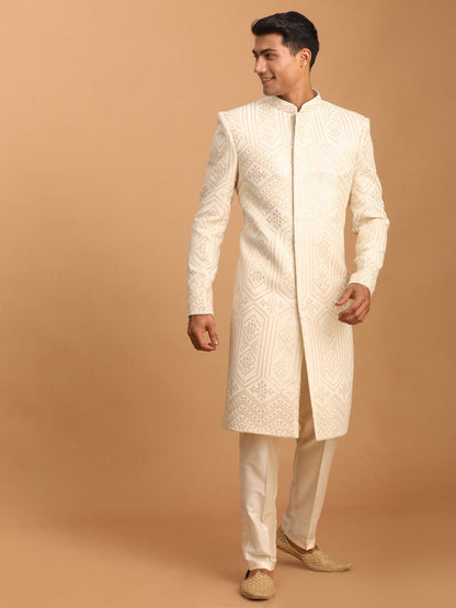 VASTRAMAY Men's Cream Golden Sequins Embroidered Sherwani Set