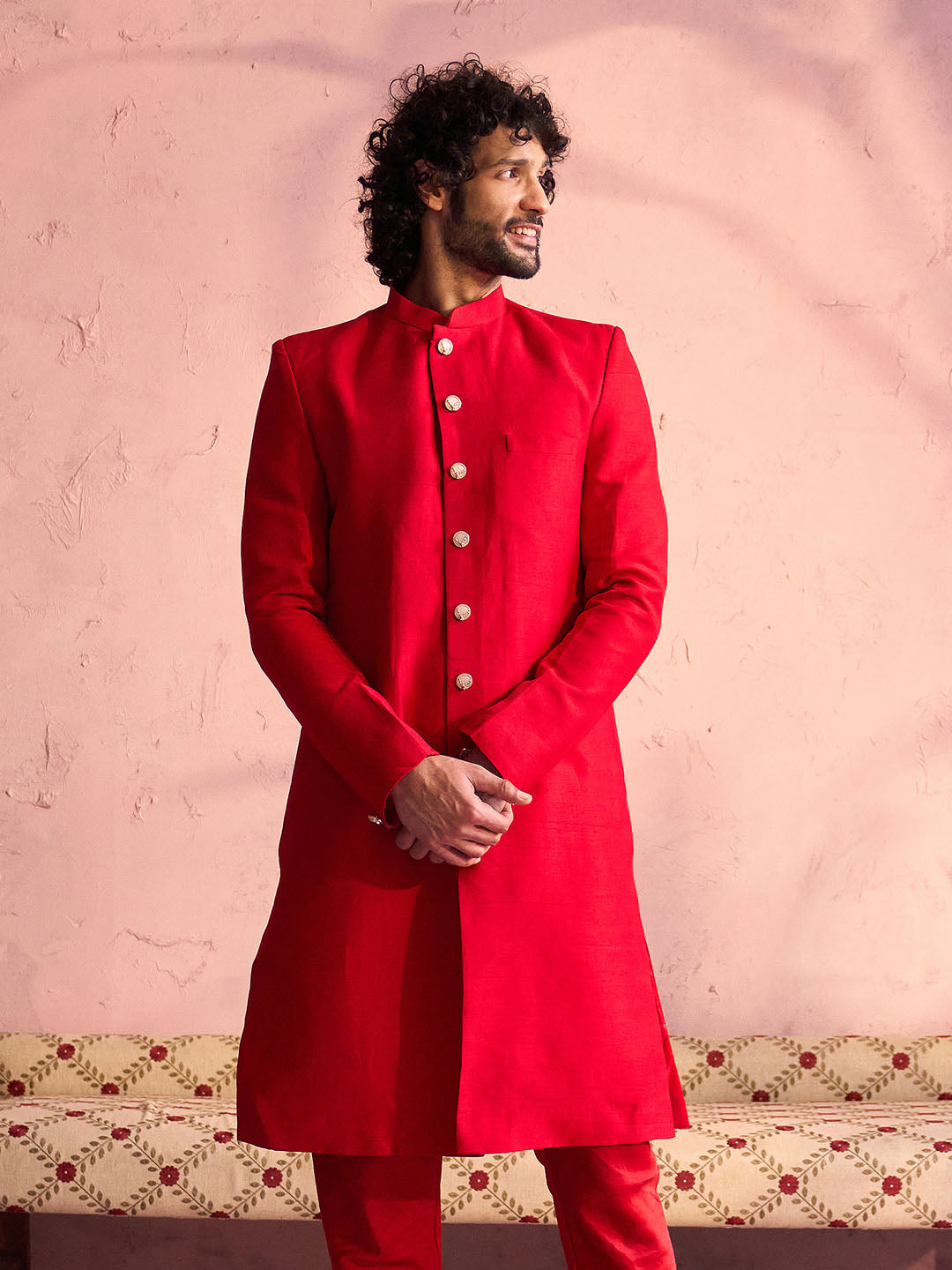 VASTRAMAY Men's Red Silk Solid Sherwani Only Top