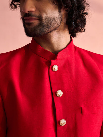 VASTRAMAY Men's Red Silk Solid Sherwani Only Top