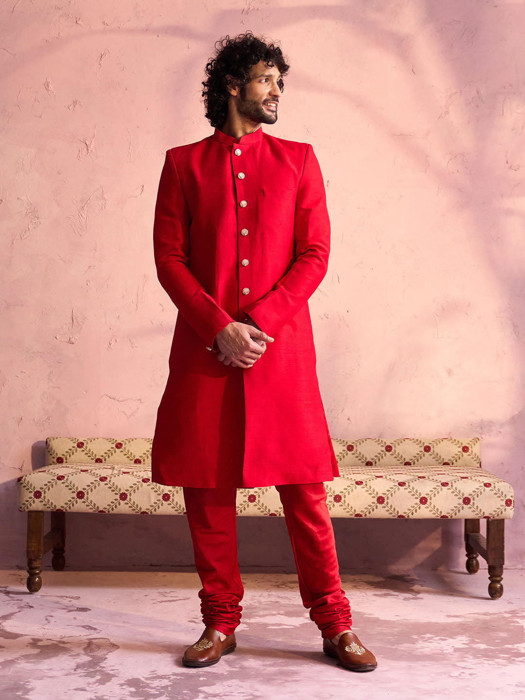 VASTRAMAY Men's Red Silk Solid Sherwani Only Top