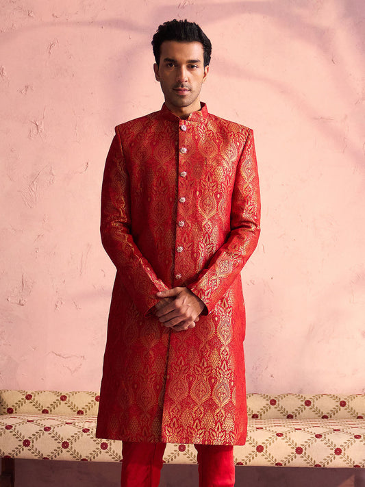 VASTRAMAY Men's Red Jacquard Sherwani Only Top