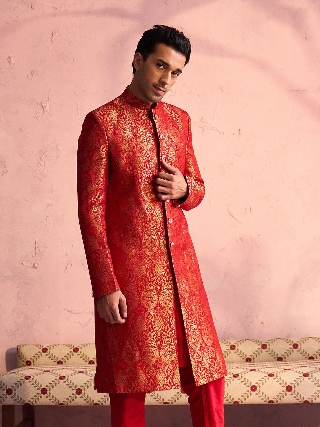 VASTRAMAY Men's Red Jacquard Sherwani Only Top