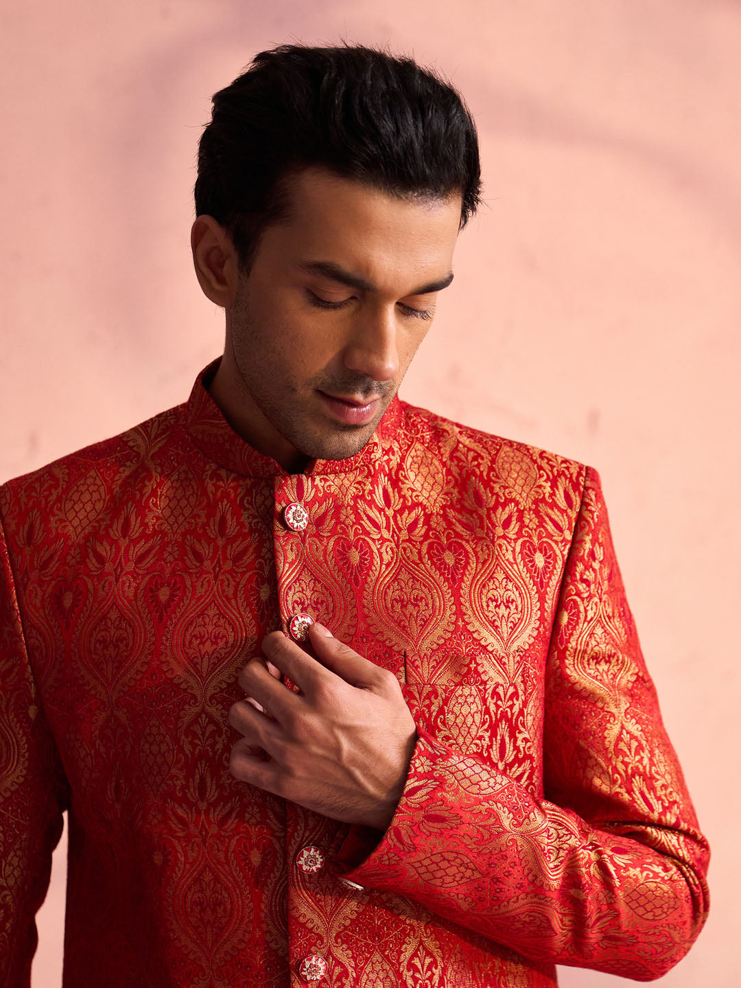 VASTRAMAY Men's Red Jacquard Sherwani Only Top