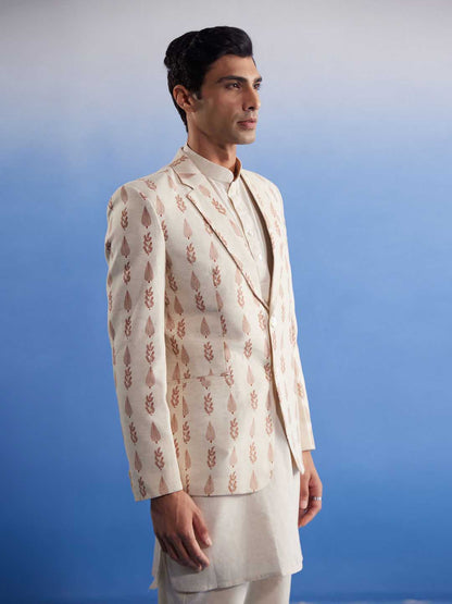 SHVAAS By VASTRAMAY Men's Cream Leaf Printed Blazer