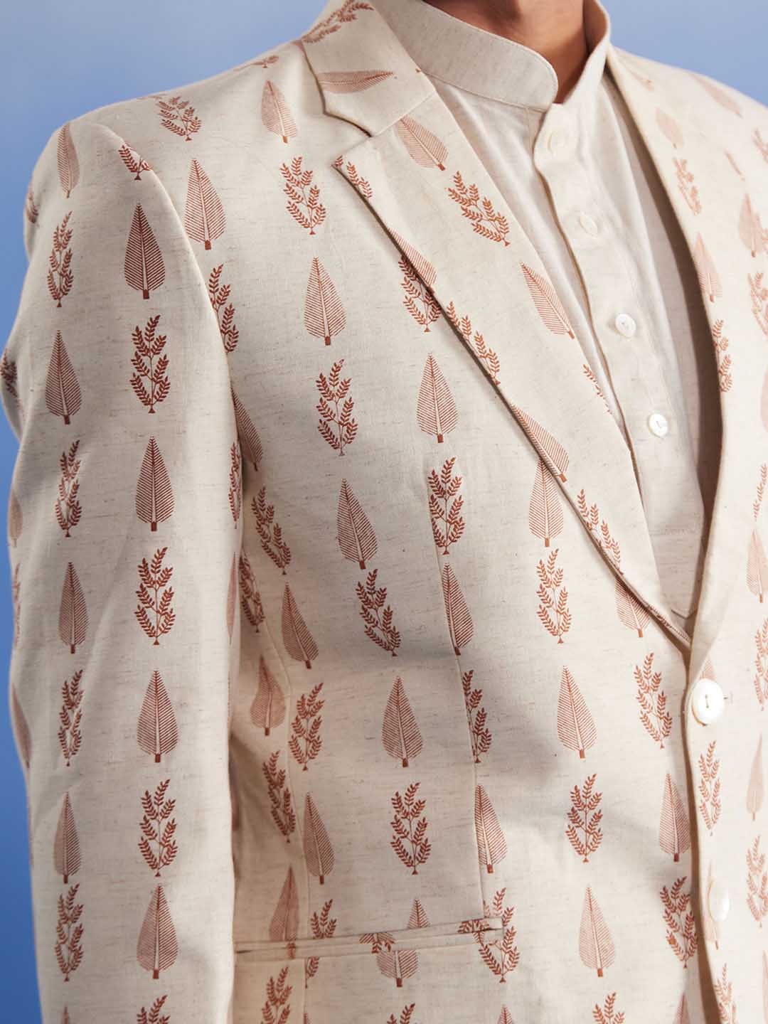 SHVAAS By VASTRAMAY Men's Cream Leaf Printed Blazer