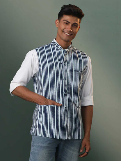 Vastramay Men's Indigo Striped Kantha Stich Nehru Jacket