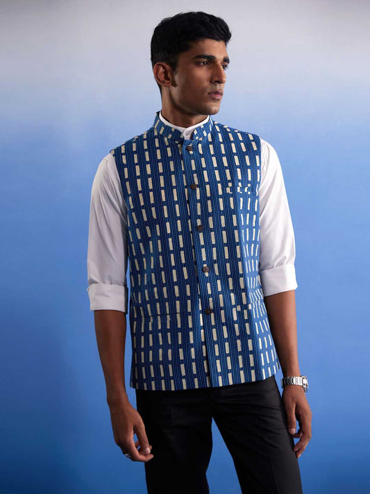 SHVAAS By VASTRAMAY Men's Blue Rubber Print Nehru jacket