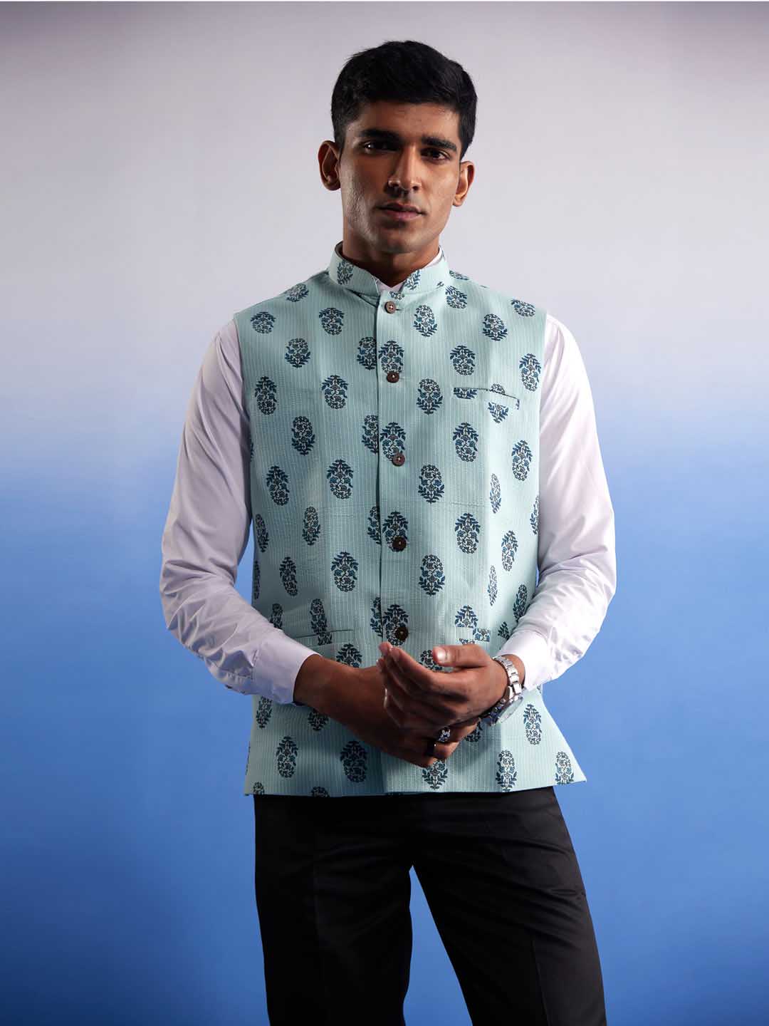 VASTRAMAY Men's Mint Green Ethnic Motif Printed Nehru jacket