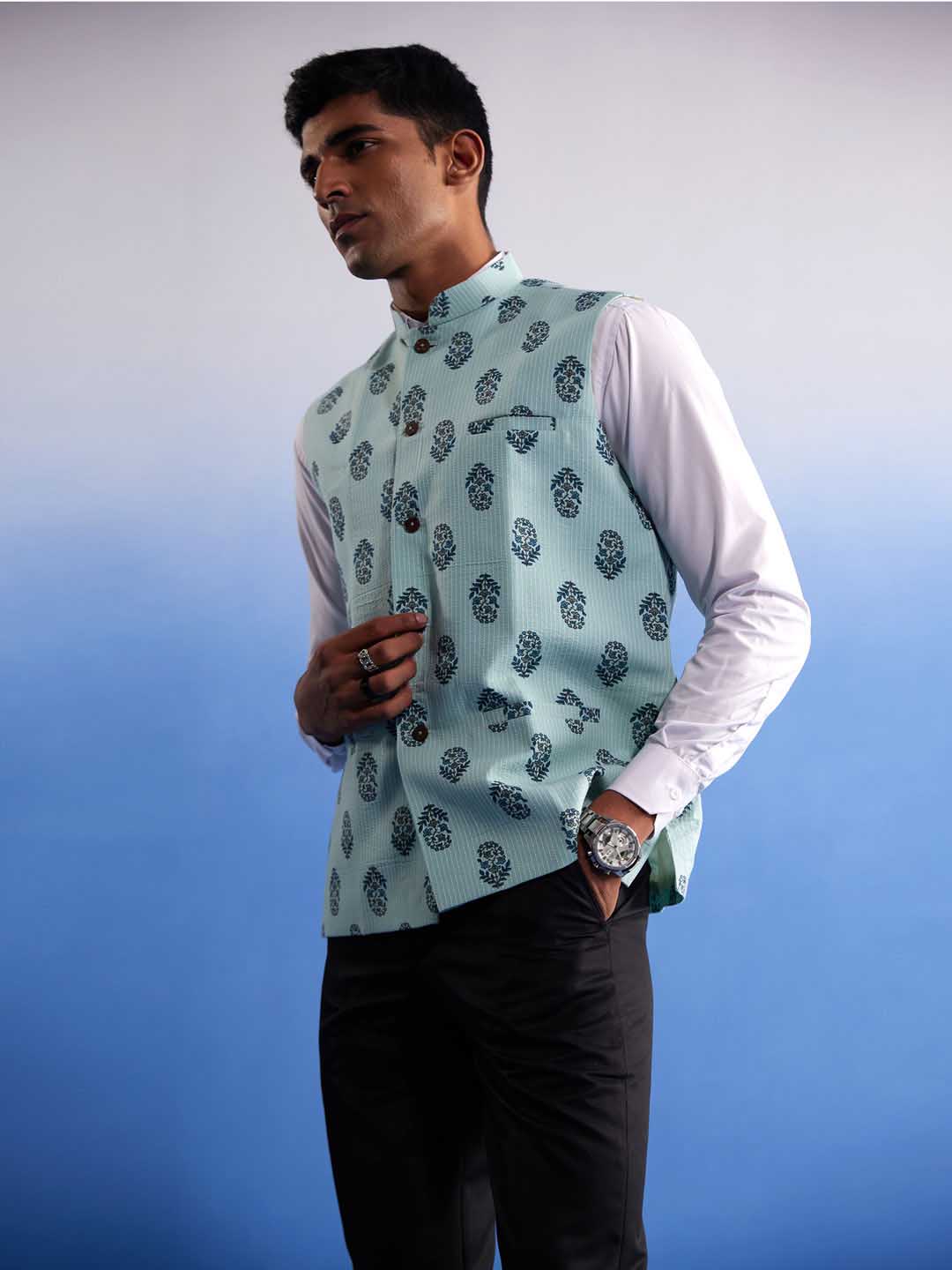 SHVAAS By VASTRAMAY Men's Mint Green Ethnic Motif Printed Nehru jacket