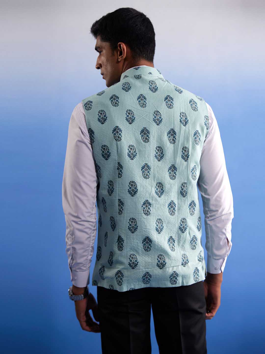 SHVAAS By VASTRAMAY Men's Mint Green Ethnic Motif Printed Nehru jacket