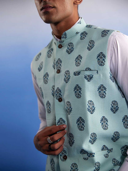 SHVAAS By VASTRAMAY Men's Mint Green Ethnic Motif Printed Nehru jacket