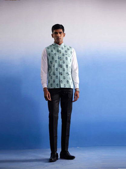 SHVAAS By VASTRAMAY Men's Mint Green Ethnic Motif Printed Nehru jacket