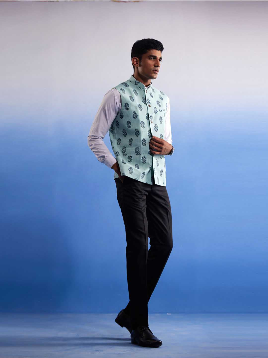 SHVAAS By VASTRAMAY Men's Mint Green Ethnic Motif Printed Nehru jacket