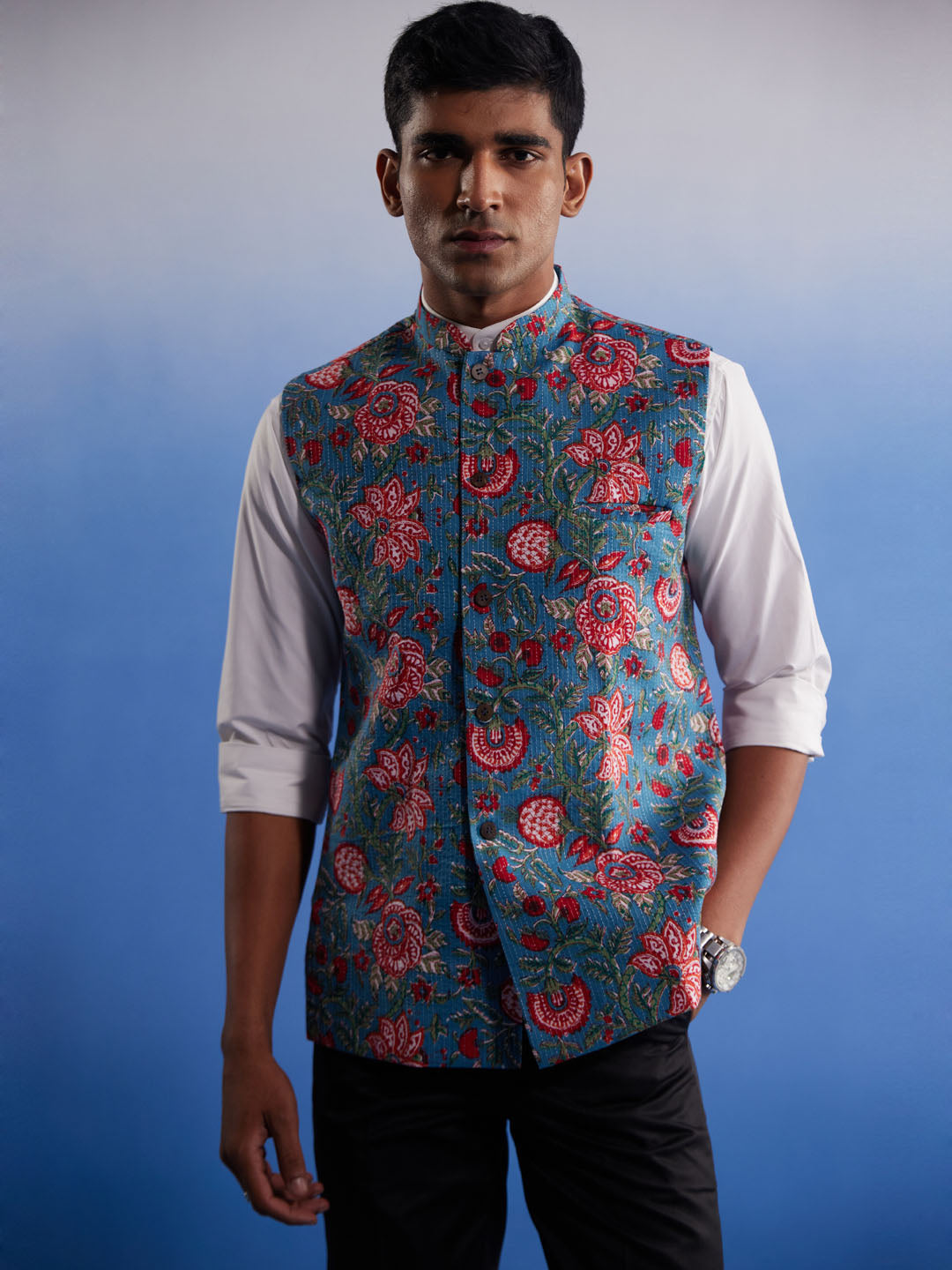 SHVAAS By VASTRAMAY Men's Aqua Printed Nehru Jacket