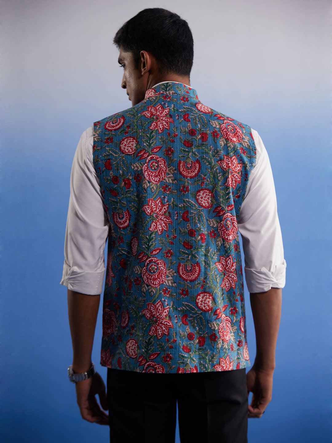 SHVAAS By VASTRAMAY Men's Aqua Printed Nehru Jacket