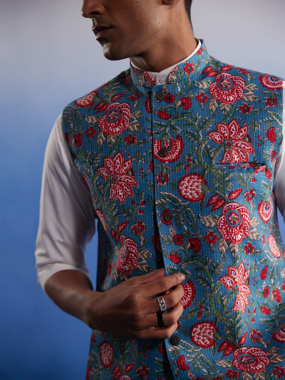 SHVAAS By VASTRAMAY Men's Aqua Printed Nehru Jacket