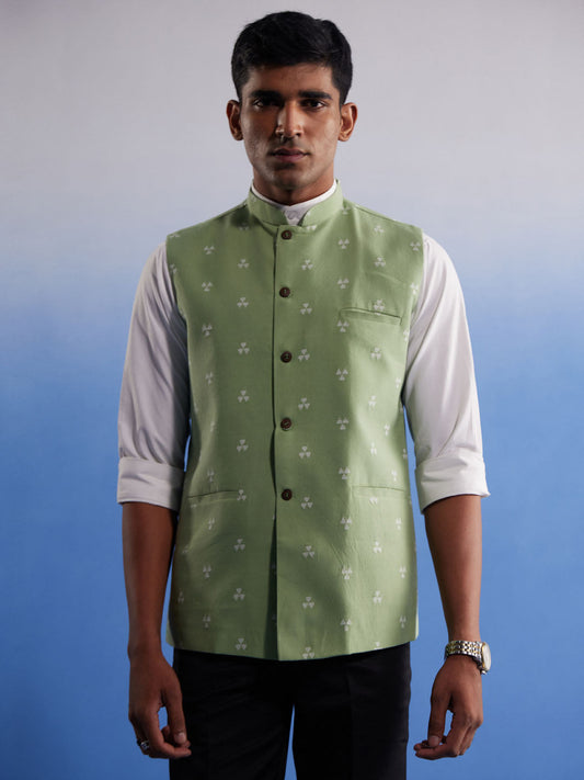 VASTRAMAY Men's Green Jacquard Nehru Jacket