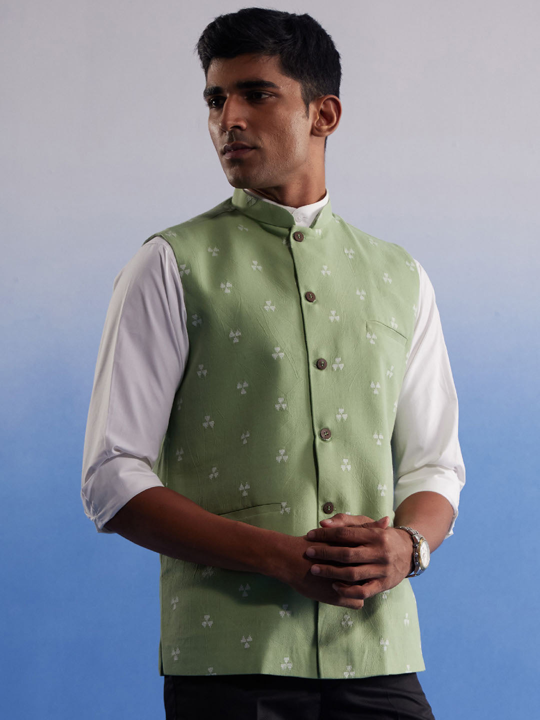 SHVAAS By VASTRAMAY Men's Green Jacquard Nehru Jacket