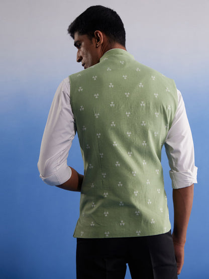 SHVAAS By VASTRAMAY Men's Green Jacquard Nehru Jacket