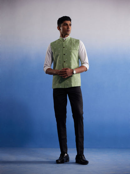 SHVAAS By VASTRAMAY Men's Green Jacquard Nehru Jacket