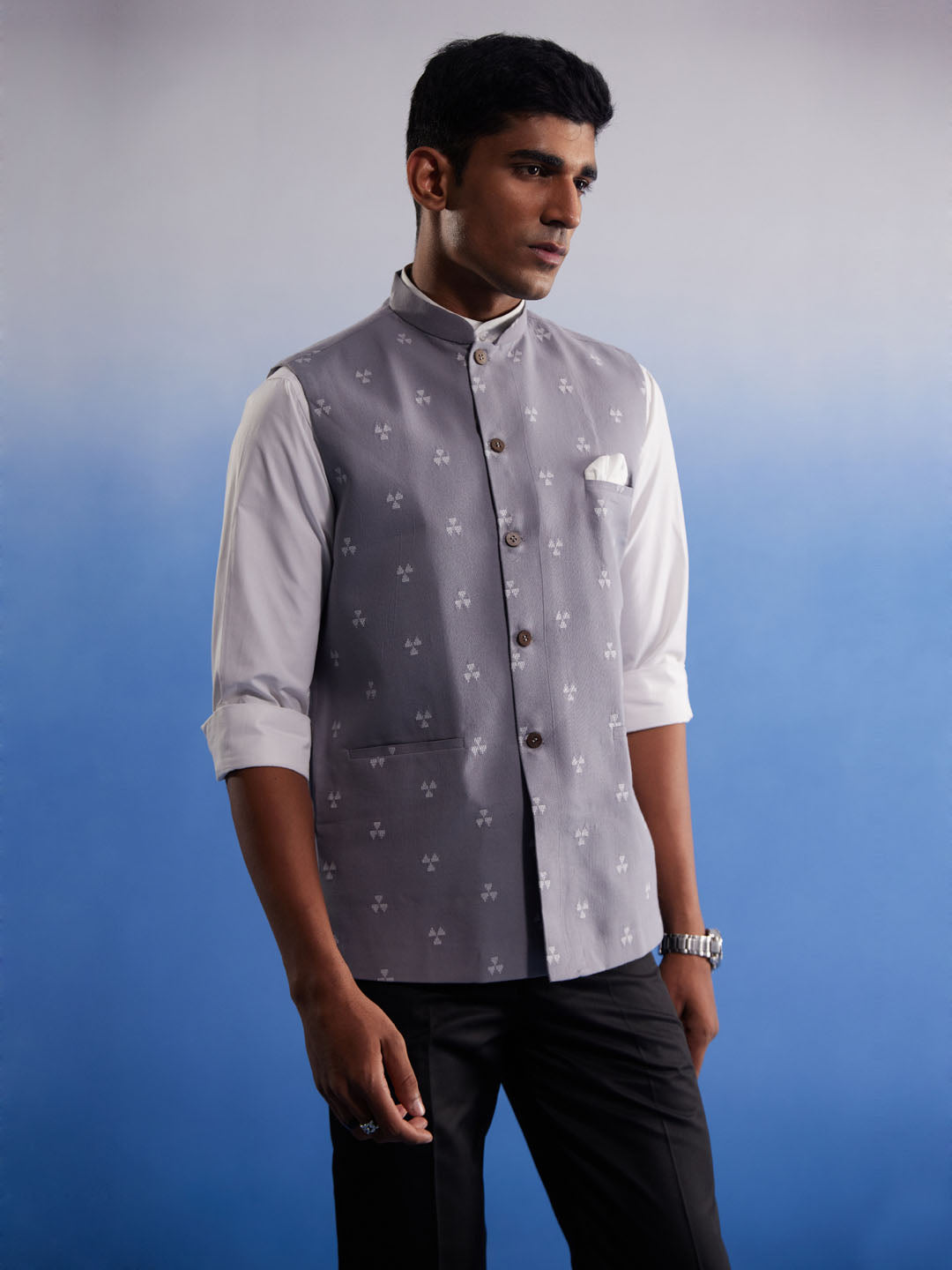 SHVAAS By VASTRAMAY Men's Grey Jacquard Nehru Jacket