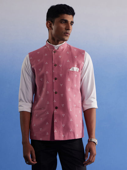 SHVAAS By VASTRAMAY Men's Pink Jacquard Nehru Jacket