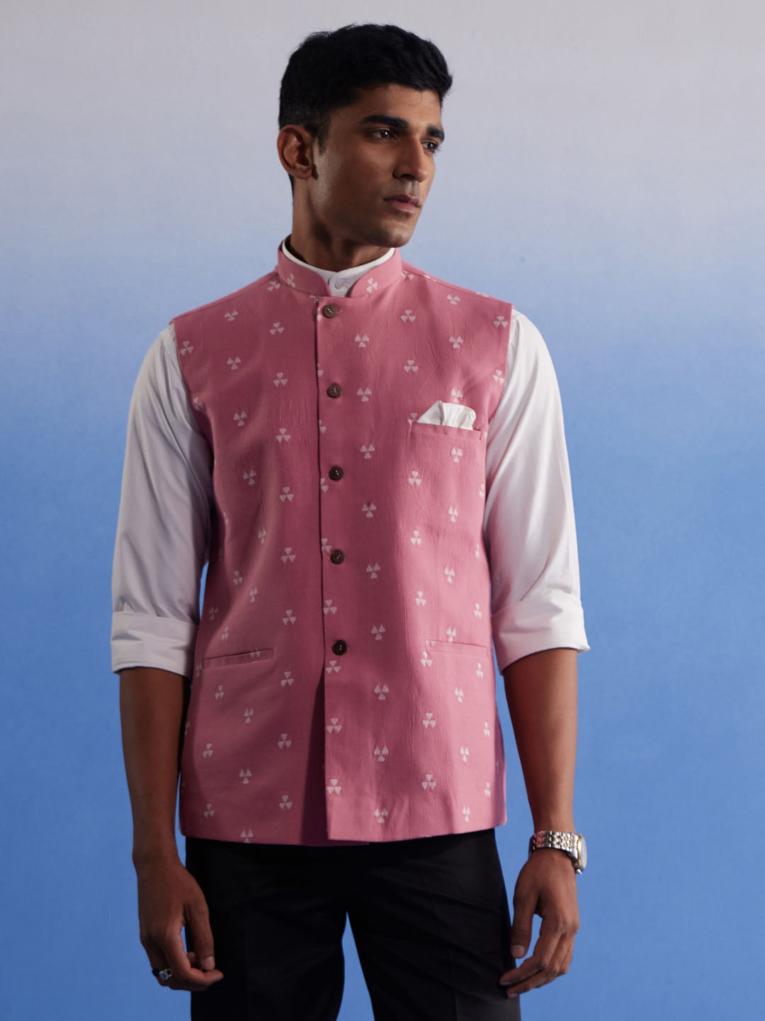 VASTRAMAY Men's Pink Jacquard Nehru Jacket