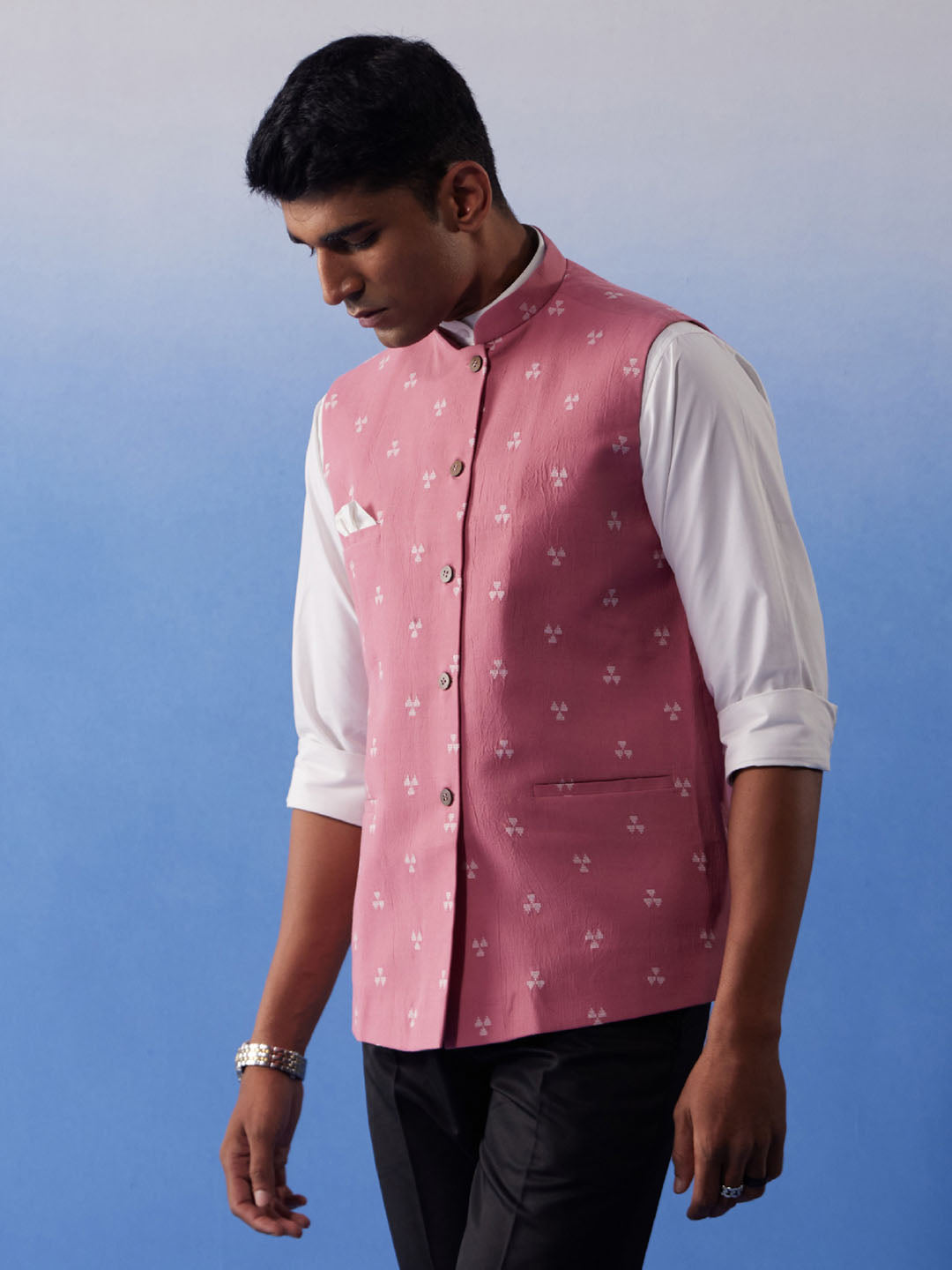 SHVAAS By VASTRAMAY Men's Pink Jacquard Nehru Jacket