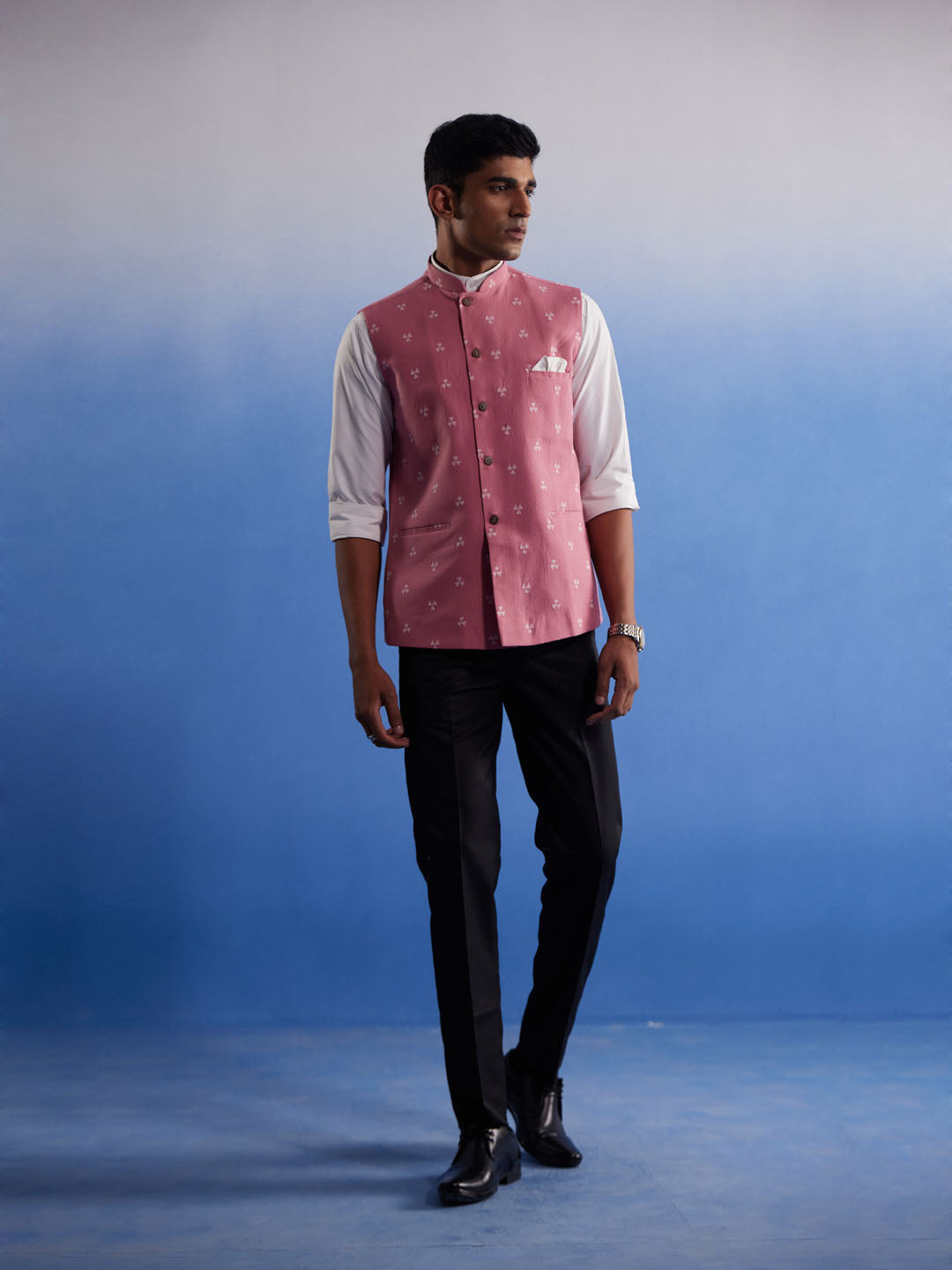 SHVAAS By VASTRAMAY Men's Pink Jacquard Nehru Jacket