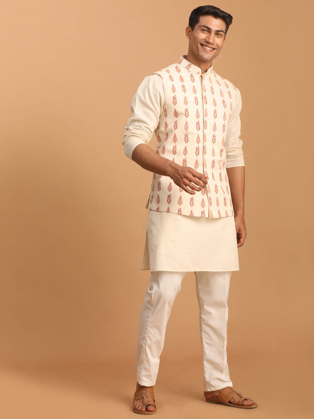 VASTRAMAY Men's Cream Leaf Printed Pure Cotton Nehru Jacket With Short Kurta And Pant Set