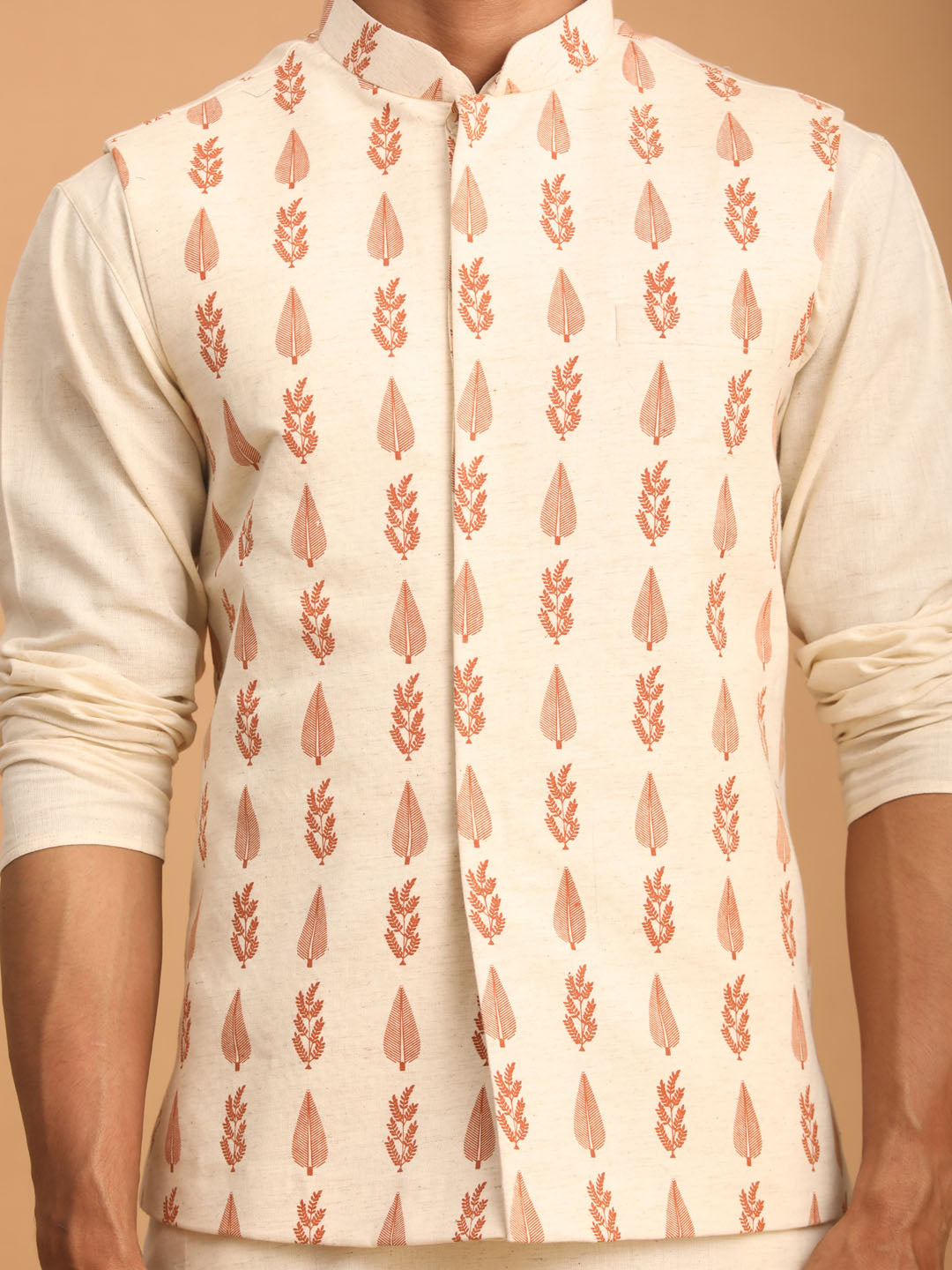 SHVAAS By VASTRAMAY Men's Cream Leaf Printed Pure Cotton Nehru Jacket With Short Kurta And Pant Set