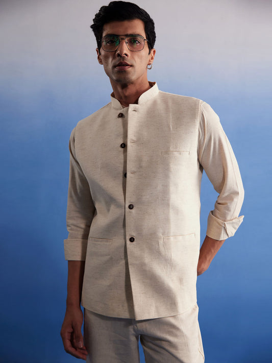 SHVAAS By VASTRAMAY Men's Cream Pure Cotton Nehru Jacket