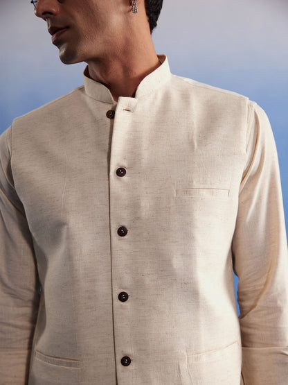 SHVAAS By VASTRAMAY Men's Cream Pure Cotton Nehru Jacket