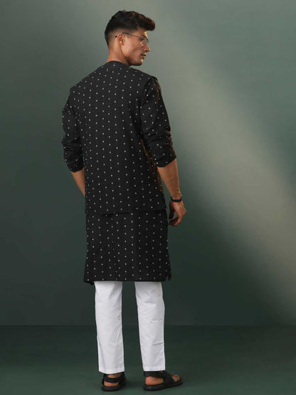 Vastramay Men's Black Jacquard Cotton Jacket Kurta Pyjama Set