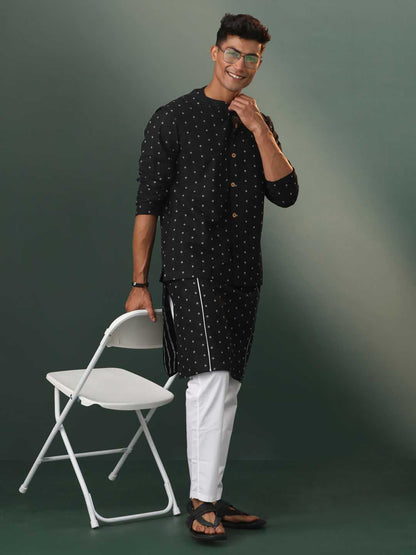 Vastramay Men's Black Jacquard Cotton Jacket Kurta Pyjama Set