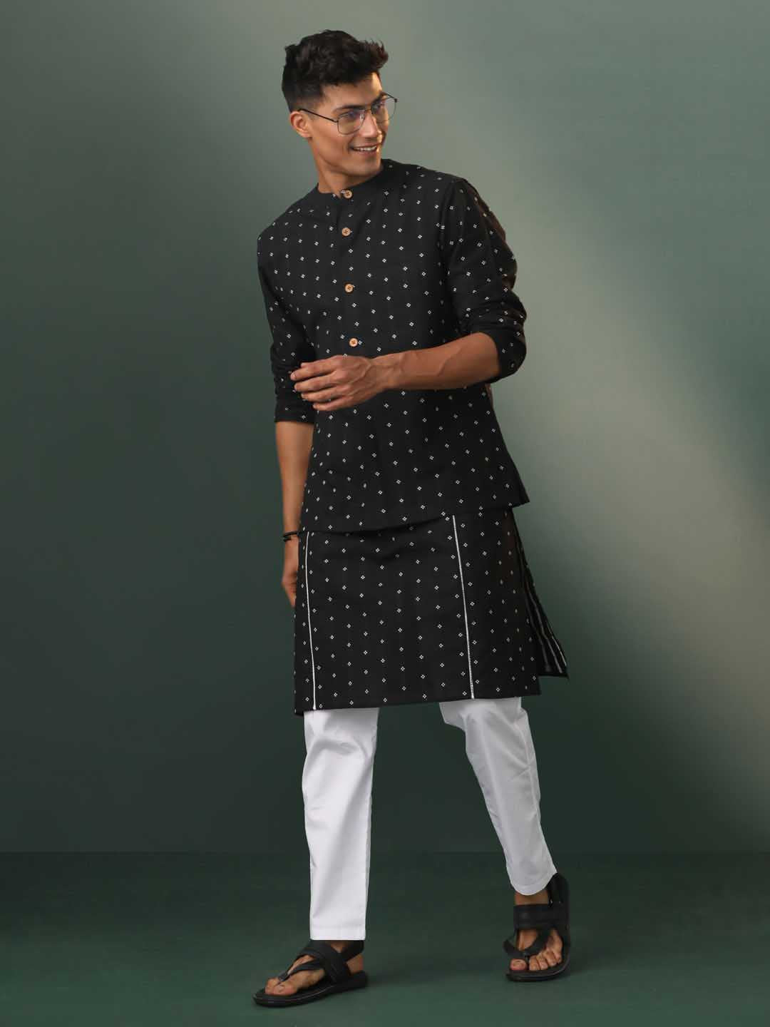 Vastramay Men's Black Jacquard Cotton Jacket Kurta Pyjama Set