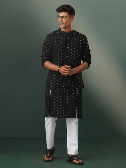 Vastramay Men's Black Jacquard Cotton Jacket Kurta Pyjama Set