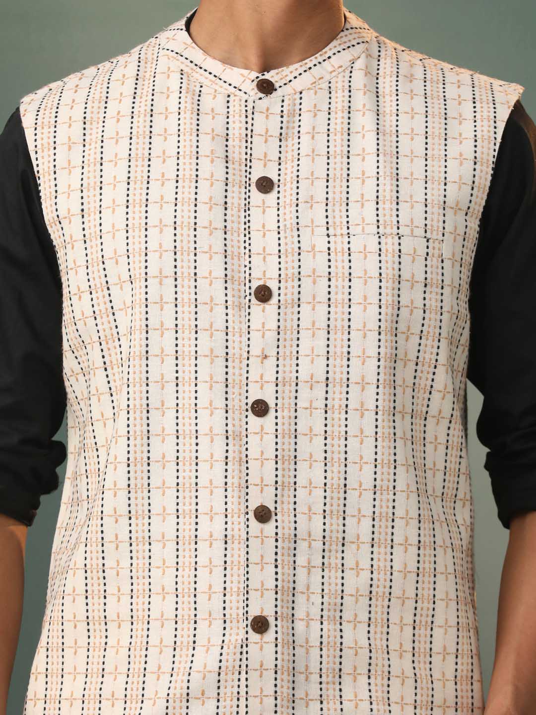 Vastramay Men's Cream Thread Worked Cotton Nehru Jacket