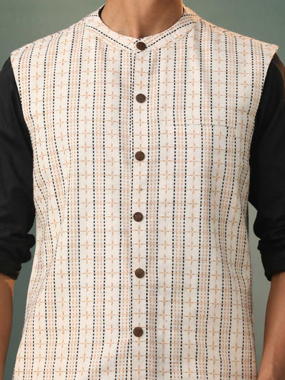 Vastramay Men's Cream Thread Worked Cotton Nehru Jacket