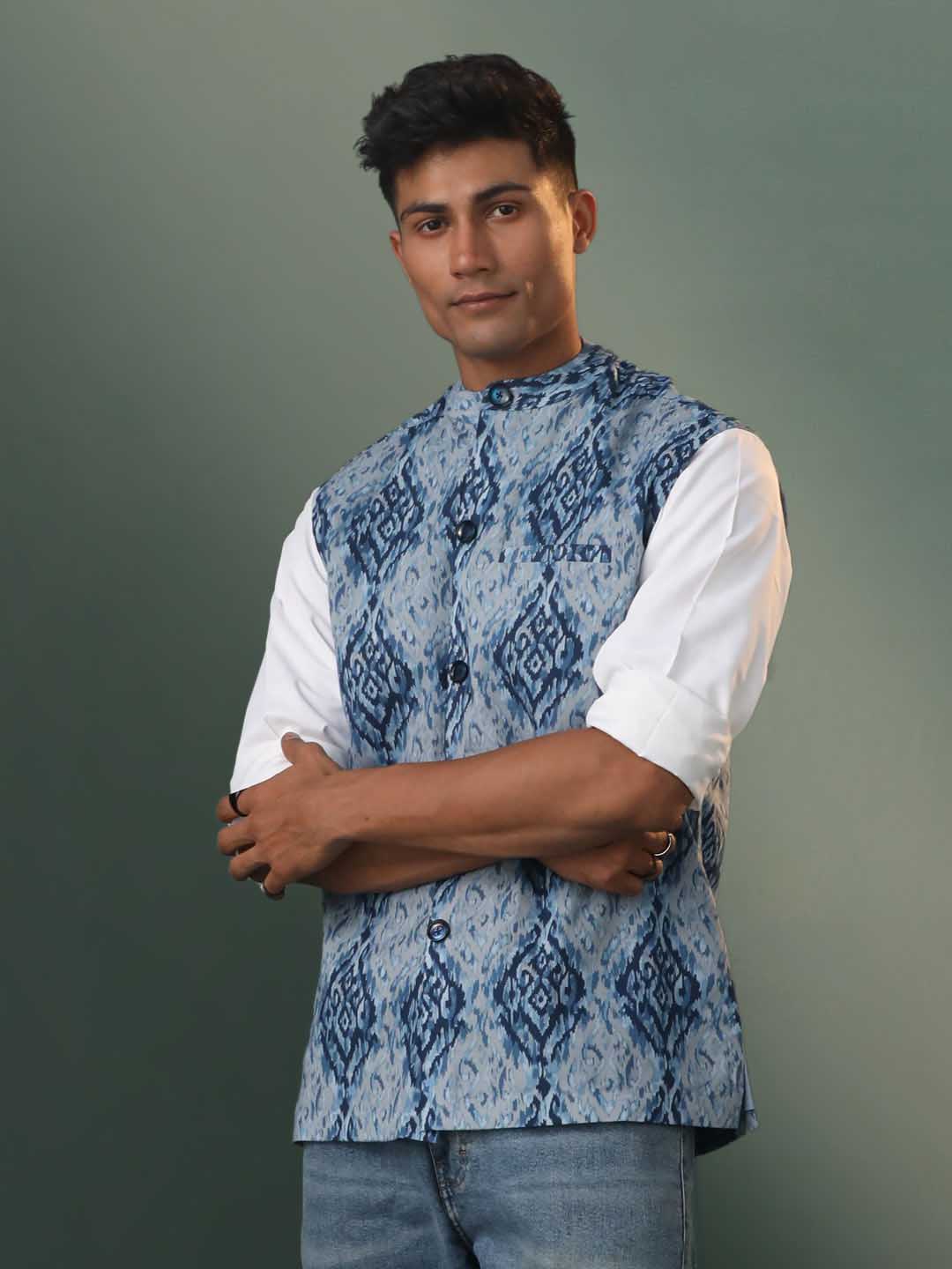 Vastramay Men's Blue Printed Nehru Jacket