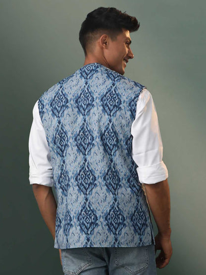 Vastramay Men's Blue Printed Nehru Jacket