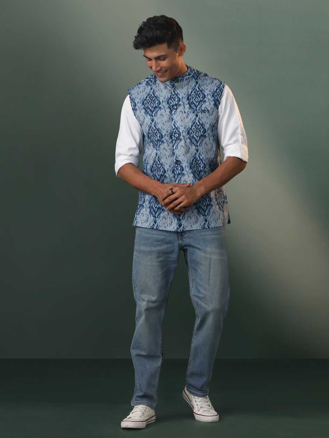 Vastramay Men's Blue Printed Nehru Jacket