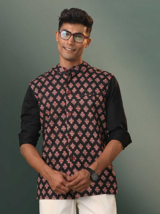 SHVAAS By VASTRAMAY Men's Black Floral Printed Cotton Nehru Jacket