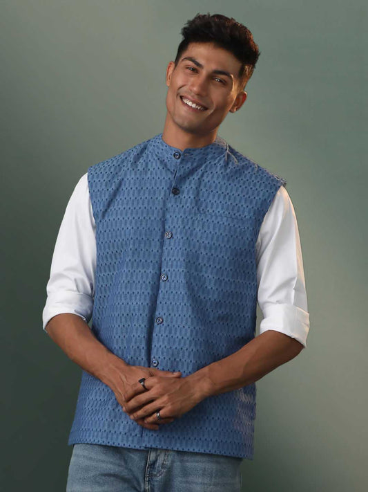 SHVAAS By VASTRAMAY Men's Blue Printed Nehru Jacket