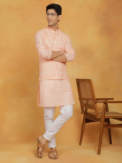 Vastramay Men's Peach Cotton Nehru Jacket