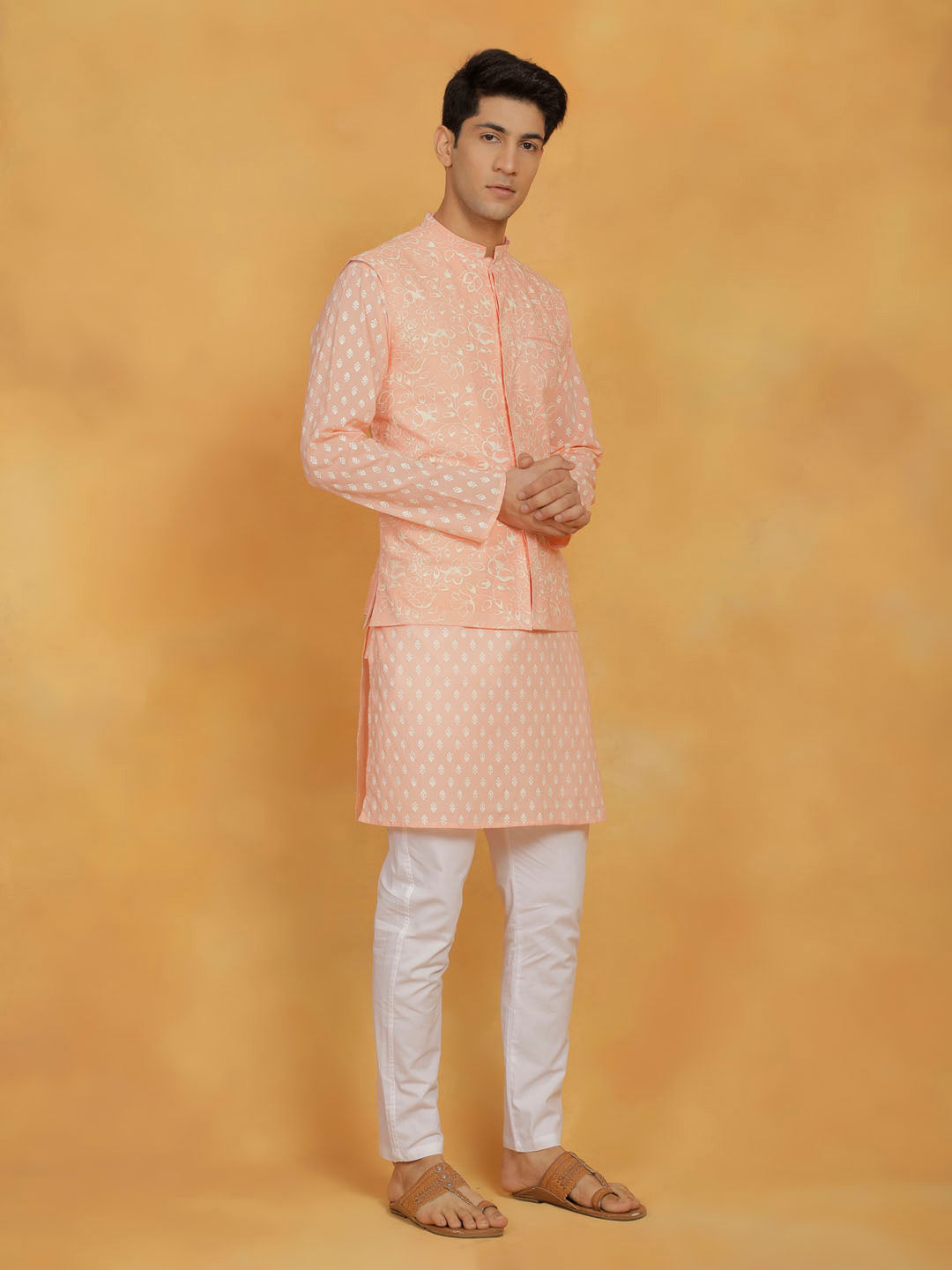 Vastramay Men's Peach And White Cotton Jacket, Kurta and Pyjama Set