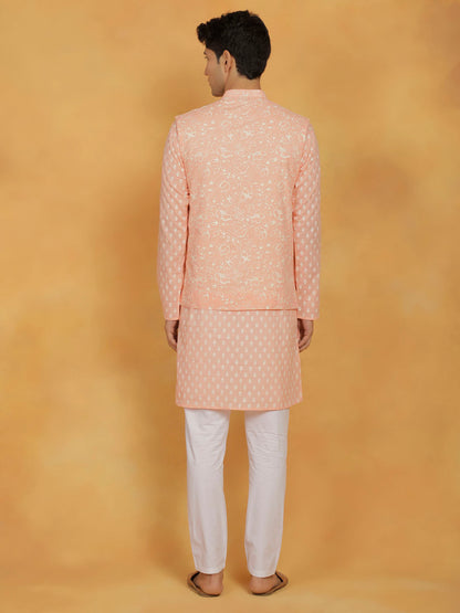 Vastramay Men's Peach And White Cotton Jacket, Kurta and Pyjama Set