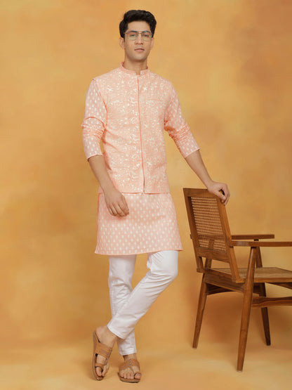 Vastramay Men's Peach And White Cotton Jacket, Kurta and Pyjama Set