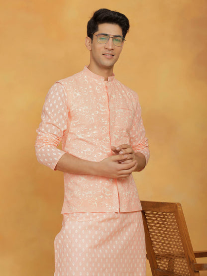 Vastramay Men's Peach And White Cotton Jacket, Kurta and Pyjama Set